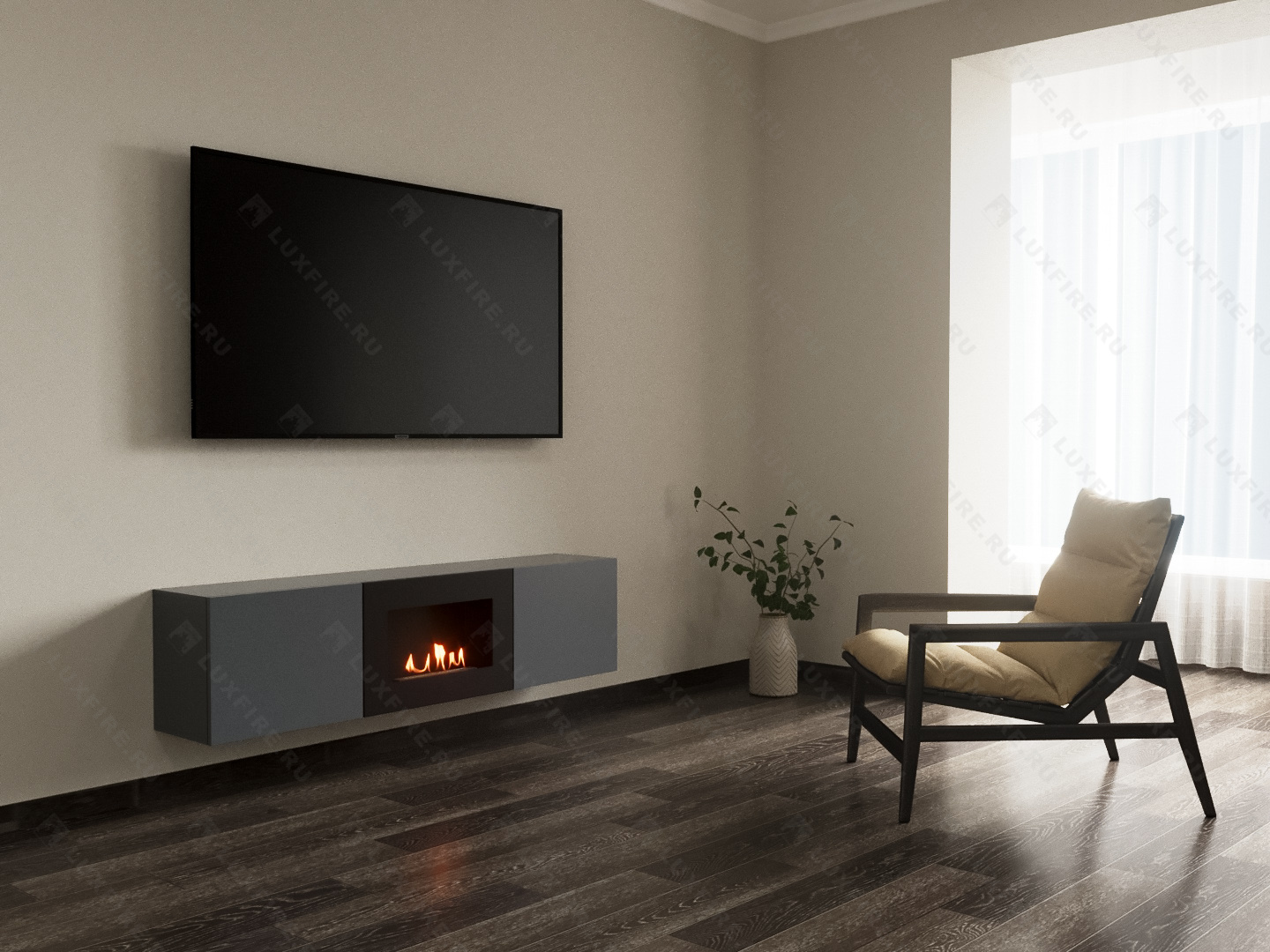 Тумба ТВ Lux Fire "Каспий" настенная 1600 матовая, графит с биокамином 600 Тумба ТВ Lux Fire "Каспий" настенная 1600 матовая, графит с биокамином 600 по цене 65 178 руб.